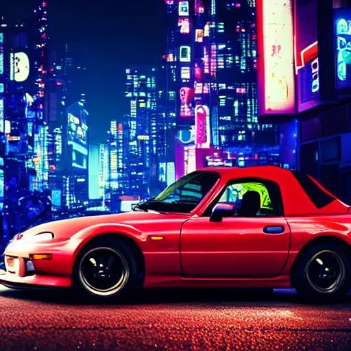 Prompt: Anime styled 1992 Mazda Miata in a cyberpunk themed city at night time. 