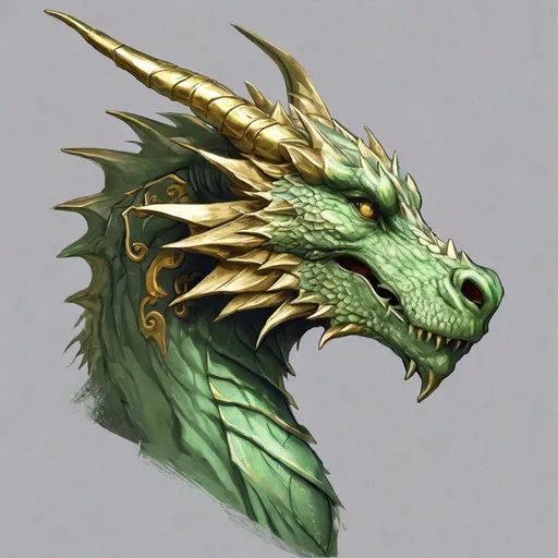 Prompt: Concept design of a dragon. Dragon head portrait. Side view. The dragon is a predominantly pale green color with gold streaks and details present.