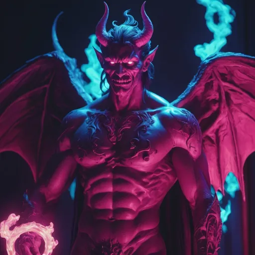 Prompt: demon, hell, demonic, vaporwave, retro, neon, aesthetic, liminal, high quality, high definition, beautiful, dramatic lighting