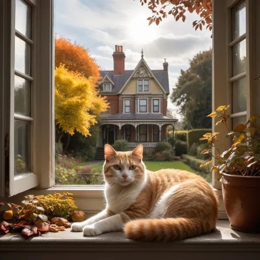 Prompt: A cat lying on a windowsill, observing the perspective from inside to outside of the house, surrounded by an autumn garden on a partially cloudy morning. The composition of the garden highlights a harmony of carefully cultivated natural flora, with bushes and small rose bushes symmetrically arranged in an orderly manner around the Victorian architecture house. The color palette consists of white, brown, gray, and yellow, with a Victorian house in the background. The distribution of light and shadow contrasts with the interior of the house through the window's perspective, with the sun and shadows generated by the garden vegetation. Maintain the golden ratio for the overall balance of the image elements."


