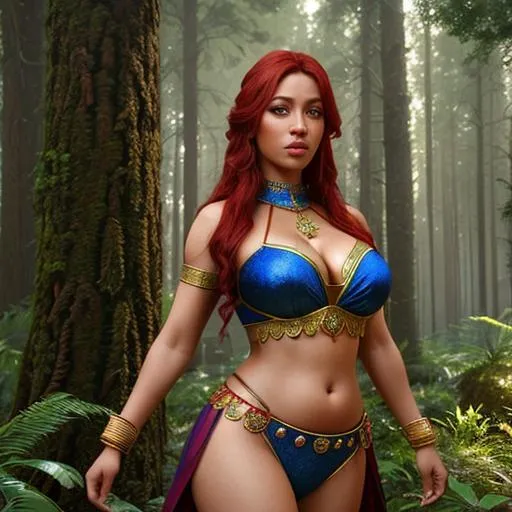 Prompt: #red hair,  #blue eyes, woman, #dark skinned african, #hour glass figure, cleavage, #belly dancer silks, #forest, hyper realistic, detailed eyes and mouth, perfect anatomy, perfect composition, approaching perfection, Detailed and Intricate, Detailed Render, 3D Render, Unreal Engine, by jonathan earl bowser and luis royo, Concept Art