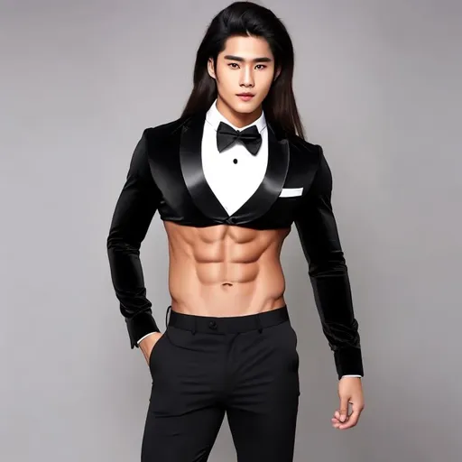 Prompt: an attractive long-haired 20-years old man with a six pack abs wearing a crop top black long sleeve tuxedo