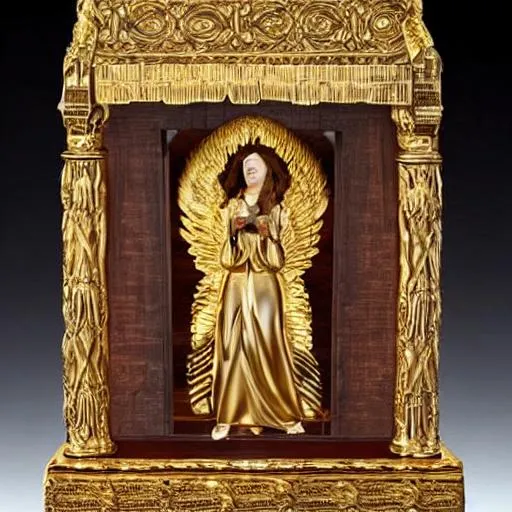 Prompt: make an ark of acacia wood, 45 inches long, 27 inches wide, and 27 inches high. Overlay it with pure gold both inside and out. Make a mercy seat of pure gold, 45 inches long and 27 inches wide. Make two cherubim of gold at the two ends of the mercy seat. Make one cherub at one end and one cherub at the other end. At its two ends, make the cherubim of one piece with the mercy seat. The cherubim are to have wings spread out above, covering the mercy seat with their wings, and are to face one another. The faces of the cherubim should be toward the mercy seat. Set the mercy seat on top of the ark 