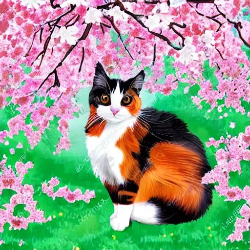 Prompt: Calico cat sitting under a cherry blossom tree