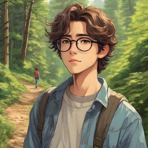 Prompt: Third person, gameplay, high quality, feminine man, wavy brown hair, brown eyes, glasses, glasses, nice shirt with cuffed jeans and converse sneakers, cool atmosphere, hiking on a scenic trail, cool atmosphere, anime style, manga style, Studio Ghibli, extremely detailed print by Hayao Miyazaki, 