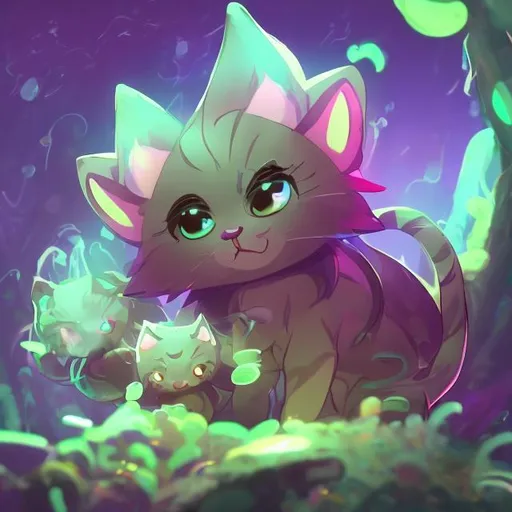 Prompt: They are a small kitty and the glassy fibers of their coat bend the light of faraway stars into strange loops.

phosphorescent

Perfect
A ray cat is a creature belonging to the cats faction. Ray cats can be found rarely underground, as well as in ruins and the flower fields. Additionally, 2-6 ray cats can be found alongside cat herders at the Stiltgrounds.[1][2]

Ray cats are docile creatures, meaning they will be neutral in spite of the player's low inital reputation with cats; however, they will still become hostile if provoked, or if the player's reputation with cats falls significantly.[3] Ray cats attack with their \claws and their \bite, natural short blade weapons that each deal ♥1d2-1 damage.

Ray cats passively give off light in a circular area with a radius of 4 tiles, about the same as a torch.[3] If the player is favored by cats, they can pet ray cats, which will bestow phosphorescent on the player for 100-200 rounds. This will cause them to give off light in a circular area with a radius of 3 tiles.[4]

Ctesiphus is a unique ray cat that can always be found in Joppa.[5]