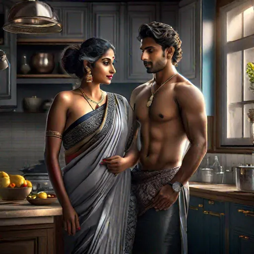 Prompt: Hyperrealistic hyper detailed HD photograph in dramatic lighting of an a son holding curvy mature lady's bare waist in kitchen, he is slim built man in 20s wearing shorts, visibly aroused.
Lady as his Mom with thicker lower lip, gray curly  hairs, wearing saree, bindi, mangalsutra, bangles, blouse down, deepest cleavage, holding his crotch, pallu on floor, offering him kiss, movie poster, indian web series , 'memoirs of a mother'