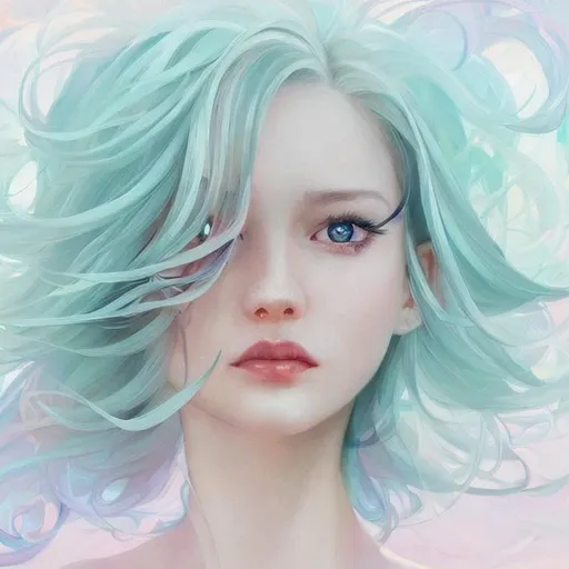 Prompt: Loish, james jean, beautiful girl, hair made of  floating ribbons and  smoke, beautiful sky background, colorful and vibrant, mystical  colors, contemporary impressionism, yanjun cheng portrait painting, iridescent painting, 3/4 perspective view, cute face, low angle, sweeping circling composition, large beautiful crystal eyes, big irises