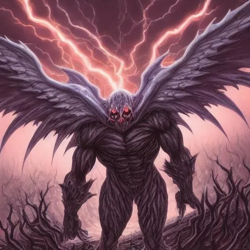 Prompt: Gigantic Undead Demon, Tiny humans on the ground around him, Purple flames and glowing eyes, humanoid figures all around the ground, demonic nightmare, scary big wings, muscular build, broad shoulders, ripped body, shadows, black cloud covering the pink sky, cracked ground with a purple glow coming through the cracks, black raindrops and orange lightning coming from the sky, hellspawn, melting, magma, end, world's end, doomsday, doom panicking-people-running rotten, evil, terrifying, horrifying, realistic, hyper-realistic, hyper-details, hyper, undead-army, drones, military, war, destruction, apocalypse, aliens, spacecraft, mothership, UFO's, battlefield, missiles, gunfire, tanks, explosions, falling-buildings, meteorites, meteors, awakening, death, a lot of death, much death, dead bodies, gore, blood, bodyparts, horns,