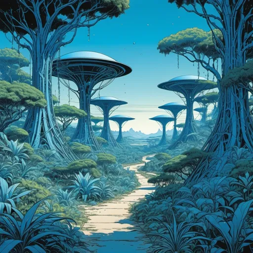 Prompt: Blue Alien jungle with a lot of alien trees and vines, moving plants, no road, with crystals seen in the distance, in the style of Moebius