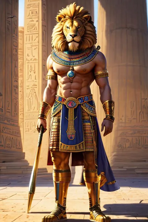 Prompt: oil painting, anthropomorphic lion, male, furry, warrior, ancient egypt, 8k, UHD,   bronze weapons, hieroglyphics art, hyperrealistic, photorealistic, beautiful art, furry art, full body picture, digital art,  hyperperfectionist, muscular, pharaoh, lion head, hyperdetailed full-body of a werelion in battle stance, hyper detailed background, ancient egypt temple inside background, god of egypt, highly detailed, panned out view of the character