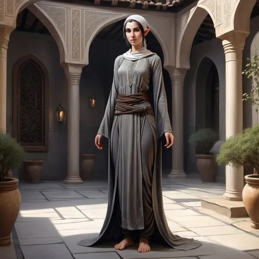 Prompt: Full body, Fantasy illustration of a female elven maid, 20 years old, skinny, very short hair, dark Grey djellaba, stoic expression, high quality, rpg-fantasy, detailed, in a Arabian style courtyard