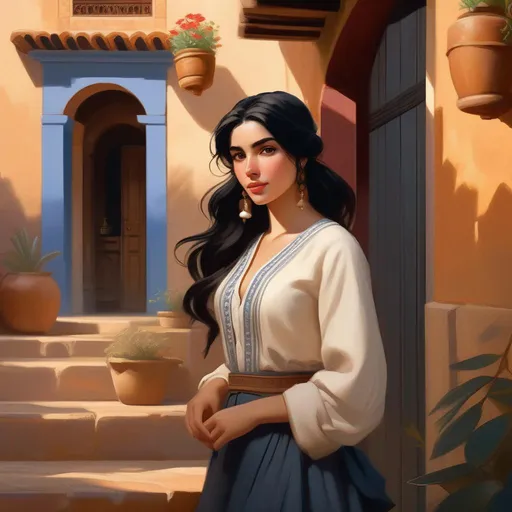 Prompt: Third person, gameplay, Cordoban girl, pale skin, black hair, brown eyes, historical distict,, Cordoba Vieja warm atmosphere, cartoony style, extremely detailed painting by Greg Rutkowski and by Henry Justice Ford and by Steve Henderson 

