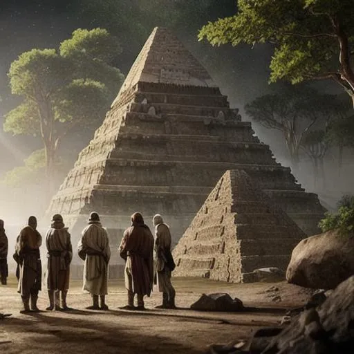 Prompt: A group of people wearing Jedi robes at an Incan pyramid found on the Planet Yavin IV, cinematic lighting photo-realistic
