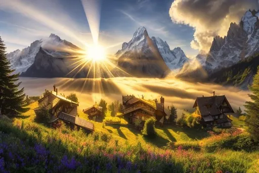 Prompt: Longshot, scenic photograph sunbeams going through clouds, swizz nature, alps, beautiful nature, use the golden ratio to compose the picture, high detail, masterpiece, blue sky, swizz houses