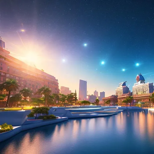 Prompt: l(Masterfully crafted Glow, blue lens flare:1.1) long shot scenic 3D render of {Artificial Beach}, perfect viewpoint, highly detailed, soft smooth lighting, soft colors, soft colors, modular constructivism, made of plastic, golden filigree intricate details, falling water, Space Background ((stars, galaxies, nebulas.))