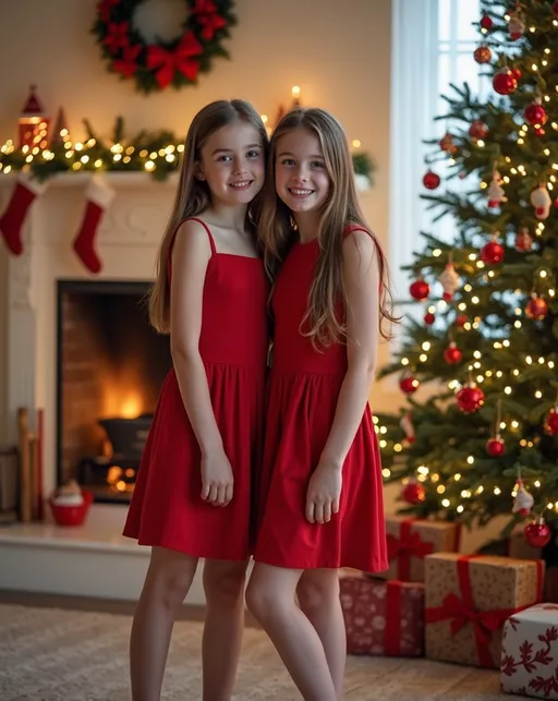 Prompt: Cute teen sisters posing for a family Christmas portrait, cozy living room with tree decorated for the holidays, stylish semi-formal dress, white pumps, happy vibe, high detail & quality, 8k, RAW photo, (high detailed skin:1.2), 8k uhd, dslr, soft lighting, high quality, film grain, Fujifilm XT3, photorealistic image