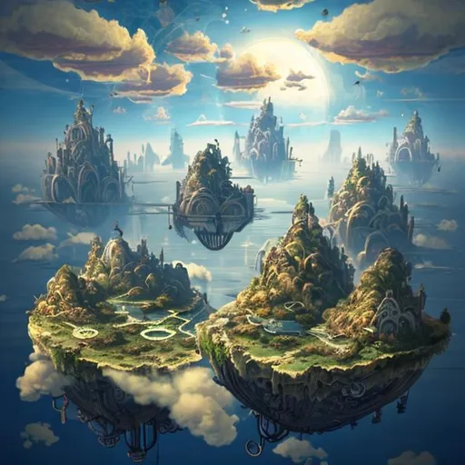 Prompt: floating islands in the sky steampunk futuristic 