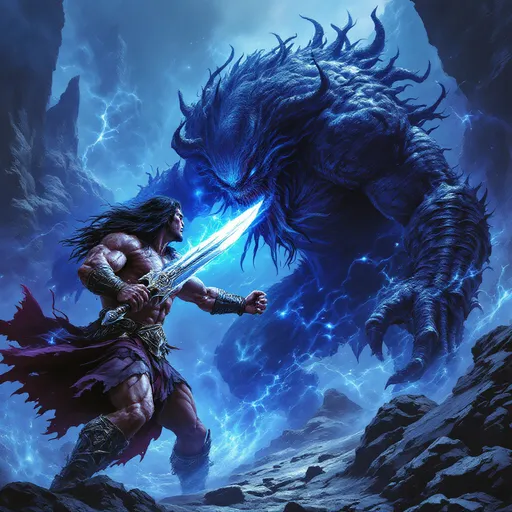 Prompt: epic battle scene, Conan facing the mythic creature known as "Cthulhu Mythos", Conan has a detailed broad sword in one hand and a long dagger in the other, a bright blue flame surrounds the battle, fantasy style, dramatic poses, swirling shadows, intense expressions, rugged, battle-worn armor, ethereal glow, jagged cliffs in the background, deep blues and purples with touches of silver, ominous atmosphere, high depth dramatic lighting, ultra-detailed, cinematic composition, mystical energy crackling around them, dynamic action.