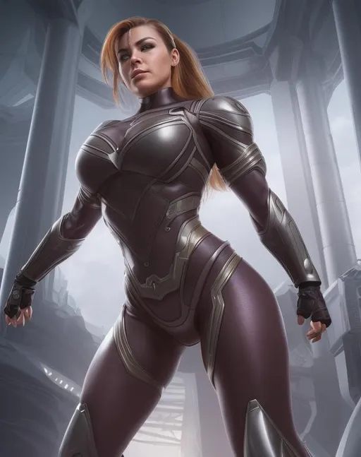 Prompt: photograph of a very short and extremely muscular super hero woman in a futuristic science fiction environment