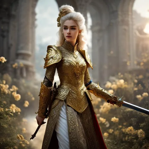 Prompt: beautiful photograph of most beautiful fictional, army, sword, goodnes, heavenly, royal, White and golden, extremely, detailed environment, detailed blur background, intricate, detailed skin, natural colors , High-resolution, professionally color graded, photorealism, 8k, moody lighting.