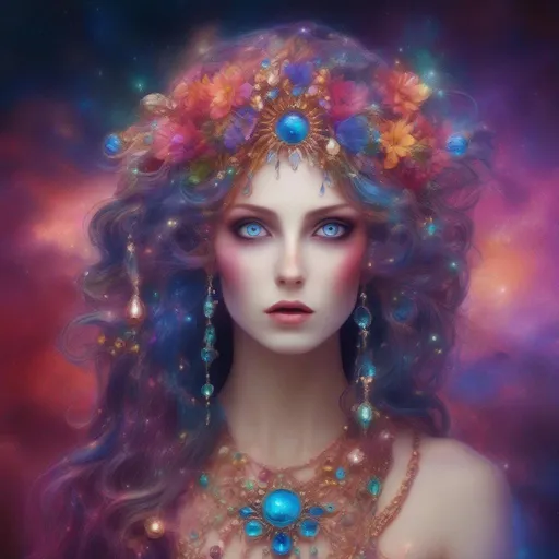 Prompt: Colorful and beautiful Persephone with hair that is made out of the cosmos, eyes made of jewels.