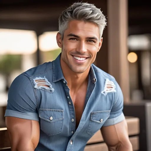 Prompt: gorgeous male model, tan skin, short gray hair, defined shredded musculature, broad shoulders, short-sleeve button-up shirt, tight jean pants, sultry romantic smile, intricate detail, best quality, uhd, 8k, center frame, professional lighting, detailed facial features