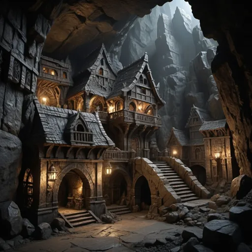 Prompt: Dwarven underground weathered city in Warhammer fantasy RPG style, huge cave, dark mood, eerie atmosphere, dimly lit, various randomly placed houses, realistic, detailed stone carvings, intricate metalwork, rugged dwarven architecture, atmospheric lighting, high resolution, realistic, RPG style, fantasy, underground, dim lighting, detailed stone carvings, intricate metalwork, rugged architecture, dynamic view, seen from distance,