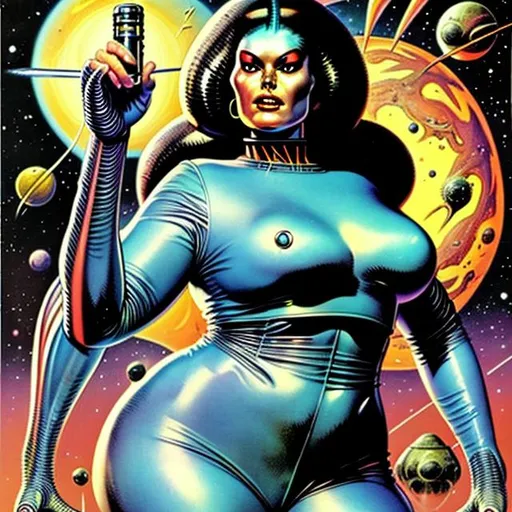 Prompt: cover of 1970's science fiction book with beautiful plus size alien woman style of Earl Norem

