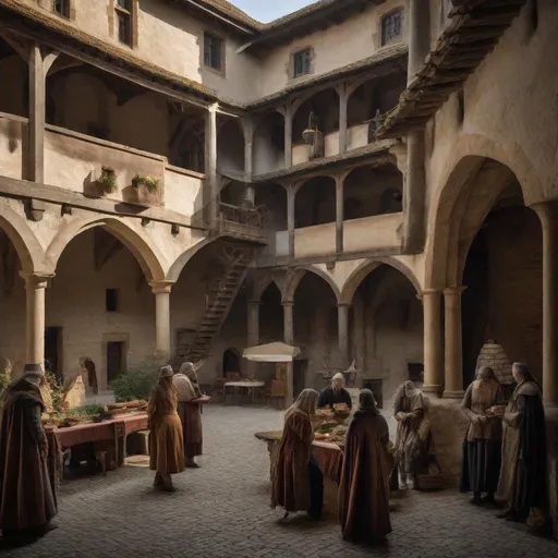 Prompt: medieval castle courtyard bustling with daily life, photography