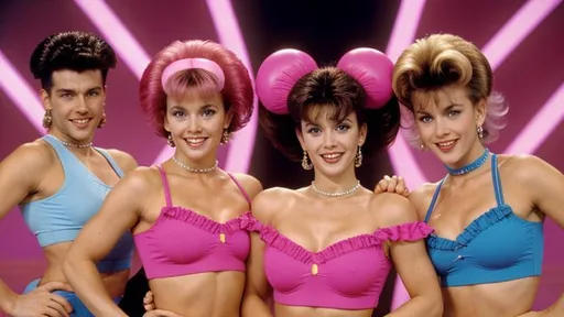 Prompt: Early 90s happy fun French morning tv show with full on aerobic dancing pop stars with big shoulder pads and big French bouffant hairstyles dressed in garish dated 90s colors.