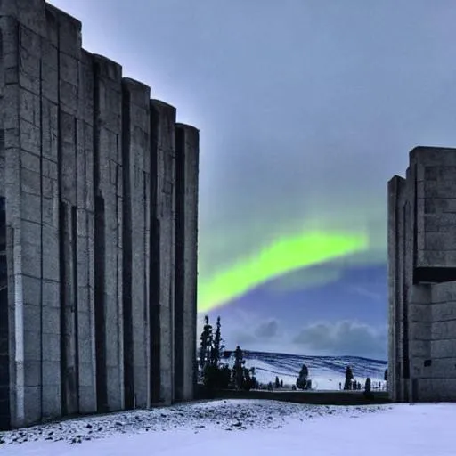 Prompt: brutalist architecture on the side of a snowy mountain. with the northern lights in the sky