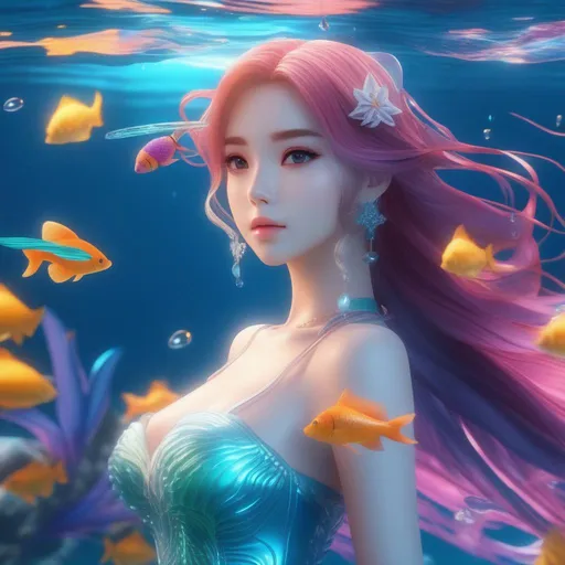 Prompt: 3d anime woman and beautiful 4k mermaid swimming in clear waters