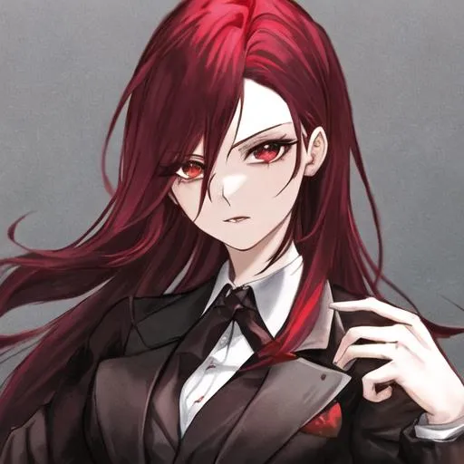 Prompt: Cherry black and red hair as a mafia boss