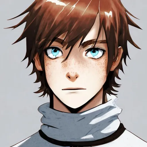 Prompt: a teenage boy with one blue eye, one black eye. Brown hair, bleached a bit at the front. Quite skinny, wearing turtleneck and zip up hoodie, unzipped. freckles, anime style