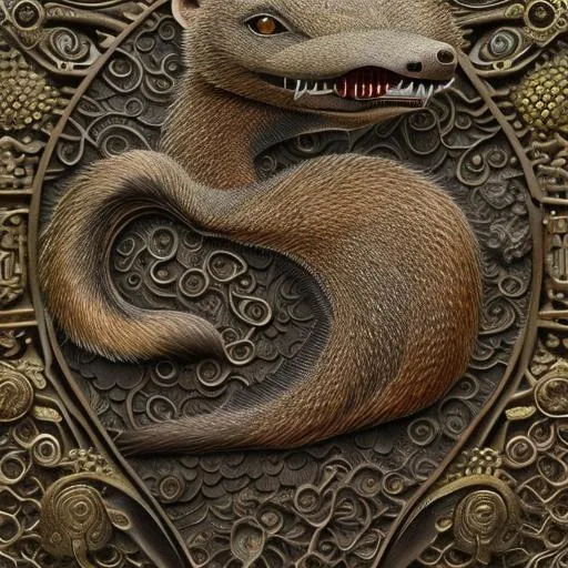 Prompt: Insanely Detailed Japanese Mon of a Mongoose, On a black Sash, Brown and Dark Green Colors, Intricately Detailed, Hyperdetailed, Legend of the Five Rings, Hyperrealistic, 4K, 8K resolution, 3D shading, beautiful, Asian Aesthetic, L5R, Anciant Japanese