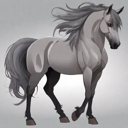 Prompt: Your OC is a little mangled horse, with gentle ash-gray eyes. He has a long grey mane and tail. 