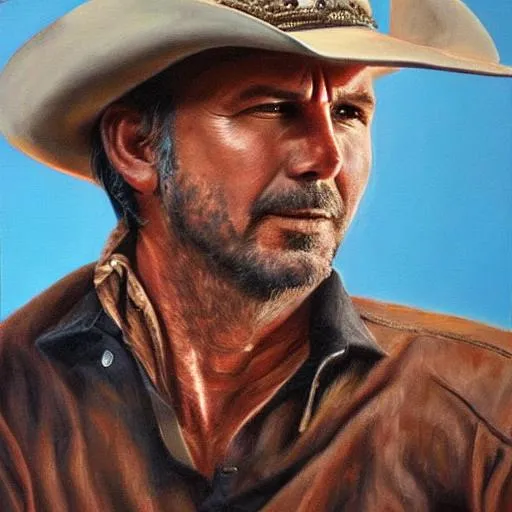 Prompt: Kevin Costner, cowboy on a horse, detailed, oil on canvas
