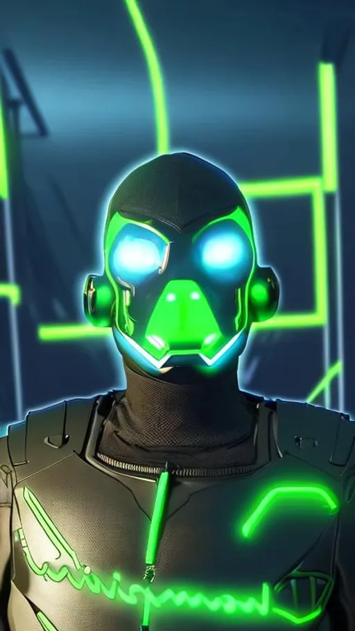Prompt: aman wearing arobot suit ..gta 5. wearing green robot suit with a water mark of *remyon*showing face . neon eyes lighting , golden teeth