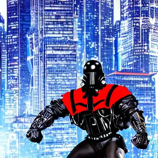 Prompt:  Hyper realistic urban Superhero, with a high tech Costume Design based on Samurai armor above the waist, primarily black with Red trim,  below the waist is enclosed in a Flying armored-cart, shaped like a Star Wars snow speeder.  He is flying above a downtown cityscape. Highly detailed and futuristic. Body-builder sized chest and arms. With the initials “JP” on his Chest shield.