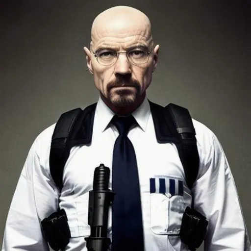 Prompt: walter white as Old Police Officer, bald head , high rank, weapons, Protective vest, Body armor, swat