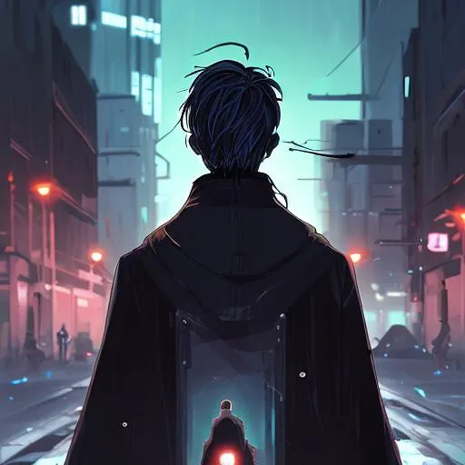 Prompt: painting of a man alone at the streets at night, dark long coat, glowing dead eyes, dark galaxy colored hair, symmetrical, gloomy face, by kooleen, tite kubo, sui ishida, kuvshinov ilya, concept art, digital painting, facing behind, looking back