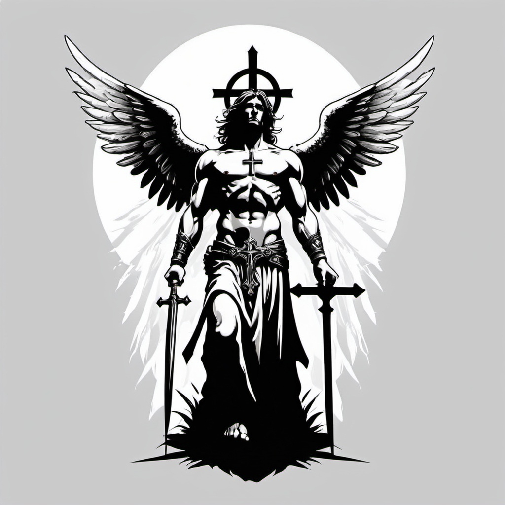 a cross in front of angelic warrior with white backg...