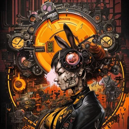 Prompt: Digital matte painting by Takashi Okazaki, Butcher Billy, Dan Mumford inspired by Clive Barker : Steampunk, clockpunk, steelpunk whire rabbit and black Saturn cube ; soft, moody orange, yellow, black colors ; by Carne Griffiths; epic, masterpiece, trending on artstation; 8k resolution, maximalism