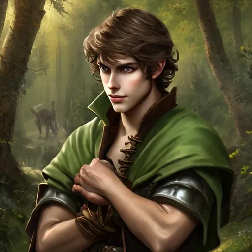 Prompt: fantasy handsome young brunette peasant, leather wrist cuffs
light brown hair
green eyes
mischievous smirk
background a creepy forest
medieval romantic painting
