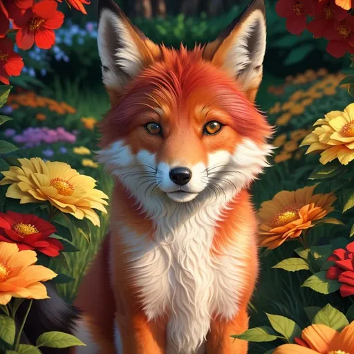 Prompt: (3D, 8k, masterpiece, oil painting, professional, UHD character, UHD background) Portrait of Vixey, Fox and Hound, brilliant red fur, brilliant amber eyes, big sharp 8k eyes, sweetly peacefully smiling, enchanted garden, vibrant flowers, vivid colors, lively colors, vibrant, high saturation colors, highly detailed fur, highly detailed eyes, highly detailed defined face, highly detailed defined furry legs, highly detailed background, full body focus, UHD, HDR, highly detailed, golden ratio, perfect composition, symmetric, 64k, Kentaro Miura, Yuino Chiri, intricate detail, intricately detailed face, intricate facial detail, highly detailed fur, intricately detailed mouth