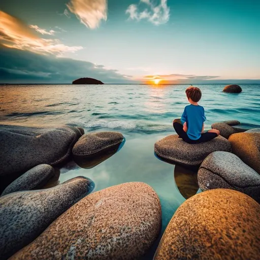 Prompt: Teen, boy, sitting, realistic rocks, shore, sunset, bay, water, realistic person, realistic water, 