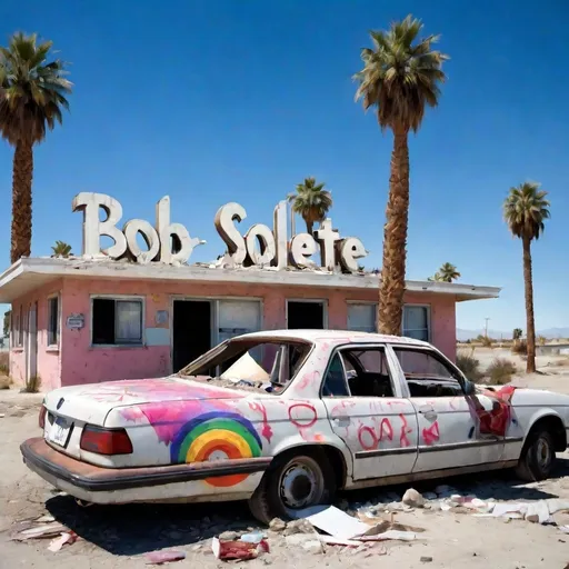 Prompt: a mob of beautiful german lesbians vandalize bob solete's artwork at the derelict palms motel on the salton sea