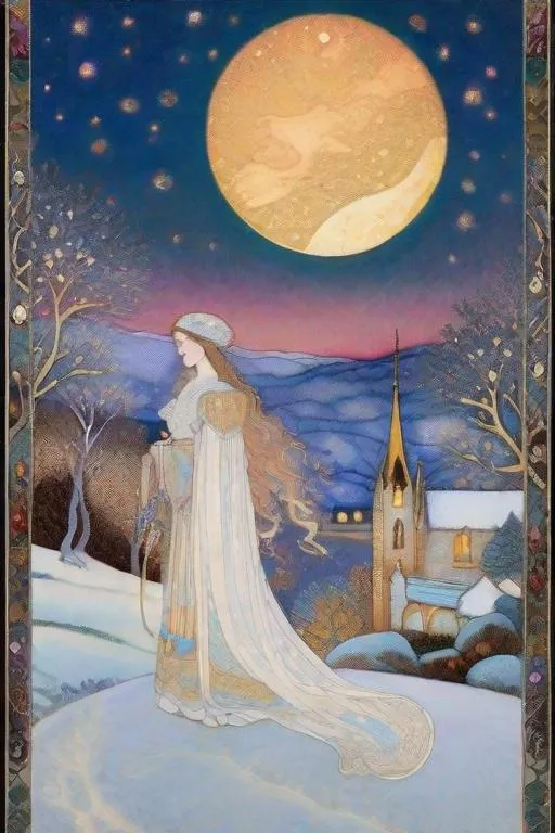 Prompt: Inlay Aubusson tapestry: a winter enchanted beautiful princess and her white horse, a whimsical village landscape background under a beautiful twilight night sky art by Jane Small, Edmund Dulac, Iris Scott, John Lowrie Morrison, Thomas Edwin Mostyn, Gustav Klimt, John Piper, William Timlin, John Bauer. 3/4 portrait, beautiful pastel aquarelle colours, crispy quality, cinematic smooth, polished finish, high quality, very clear resolution, blue, gold and rose tones, metallic glow