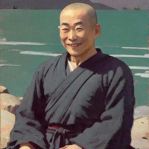 Prompt: UHD Zen monk smiling in the style of Winslow Homer.